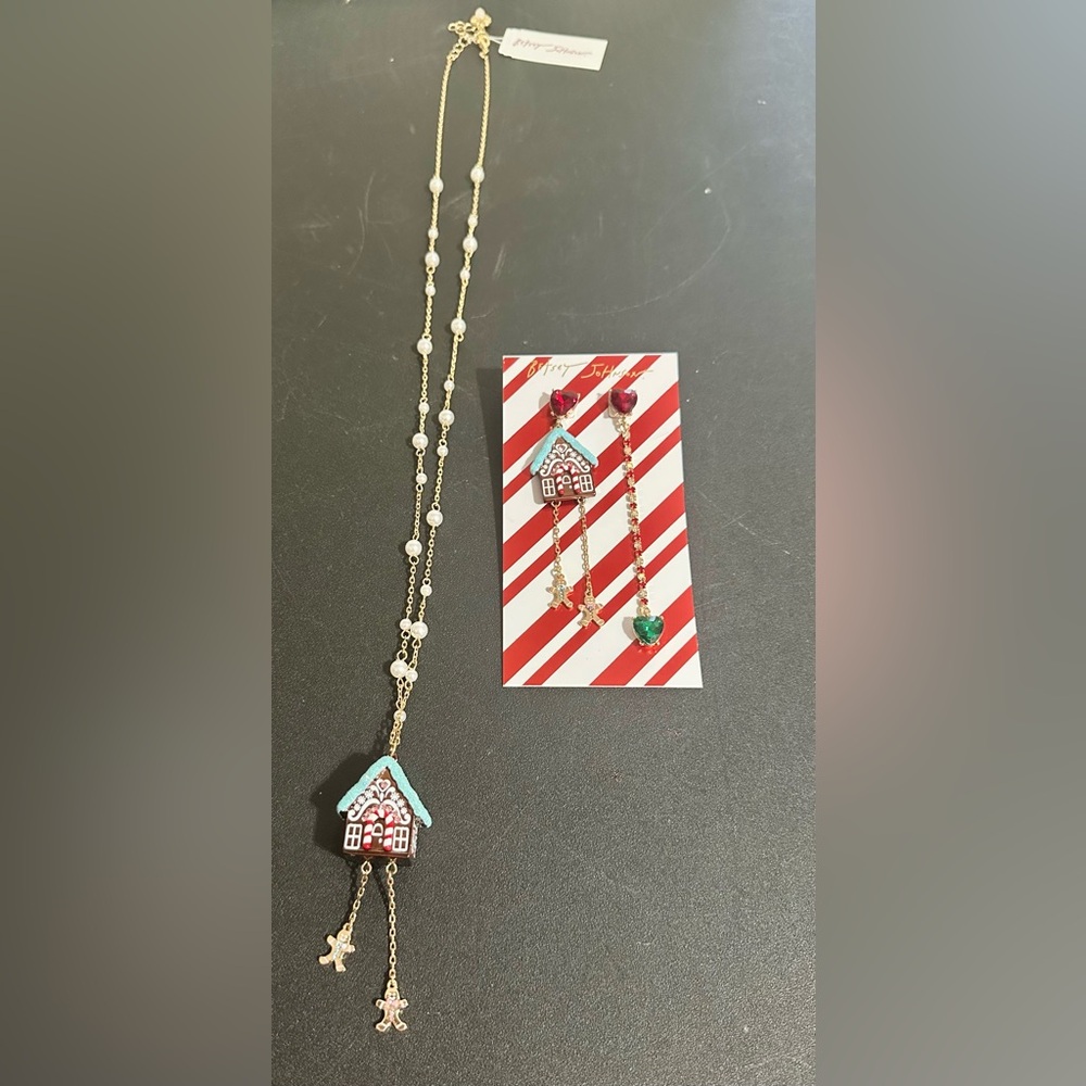 Betsy Johnson gingerbread house necklace and earrings set